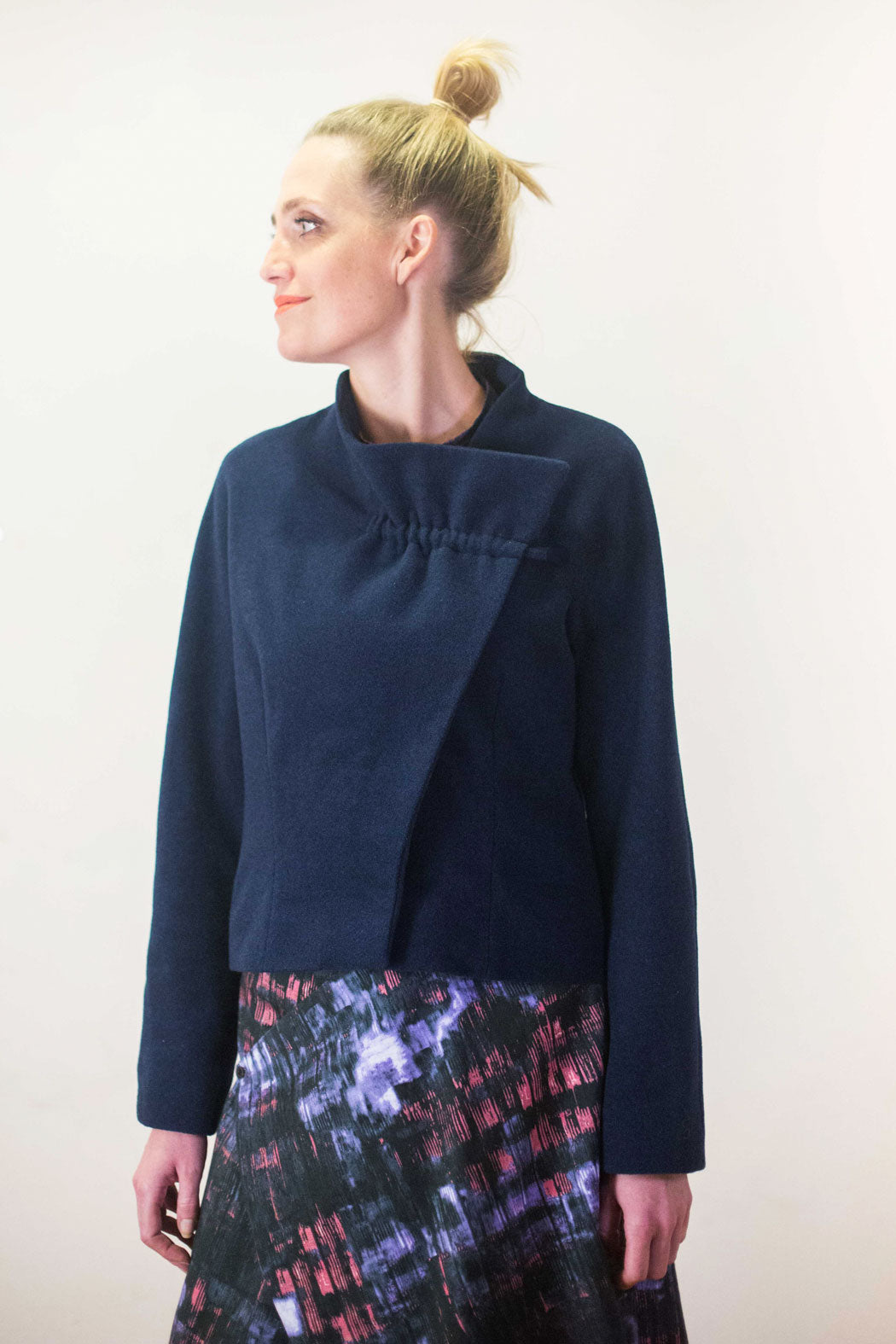 Blue Wool Jacket fully lined with gathered Collar by Clara Kaesdorf Berlin