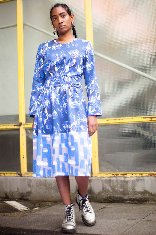 Blue Patterned Dress with Drawstrings